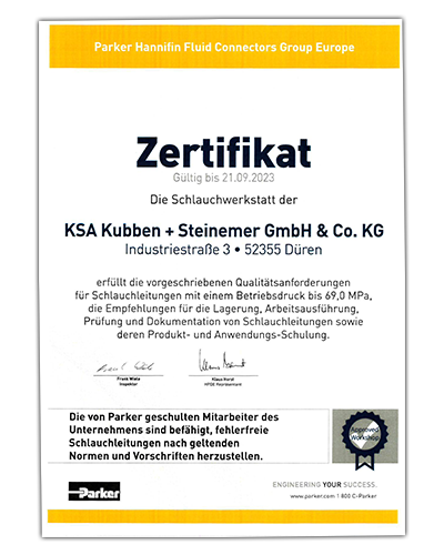 Download - Zertifikat der Parker Hannifin Fluid Connectors Group Europe
